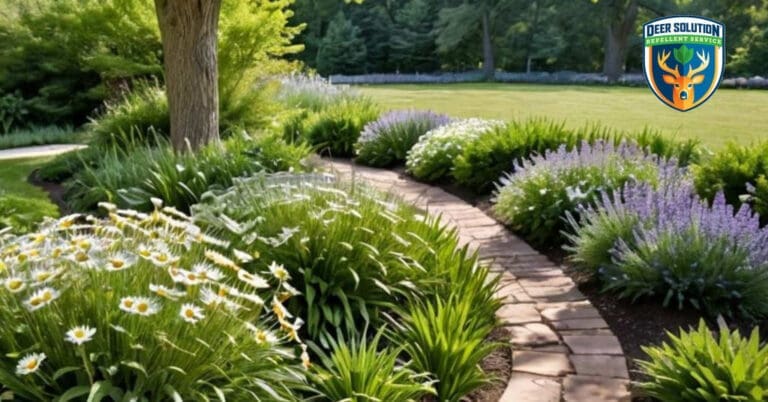 Vibrant garden with daisies, oak tree canopy, and deer-resistant plants like lavender, creating a sustainable haven where deer don't eat daisies.