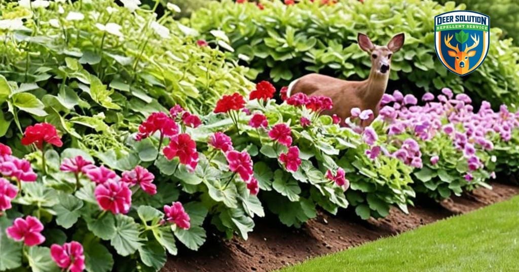 Lush garden with vibrant geraniums and deer-resistant plants, exemplifying harmonious coexistence through eco-friendly deer management.