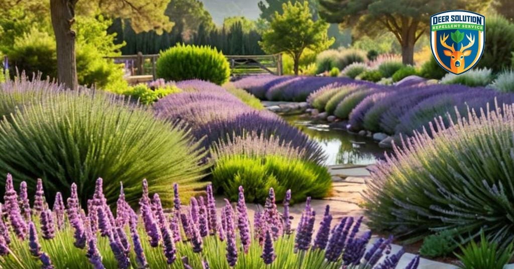 Lavender field with deer-resistant rosemary and sage, reflecting sustainable gardening without compromising beauty - deer don't eat lavenders.
