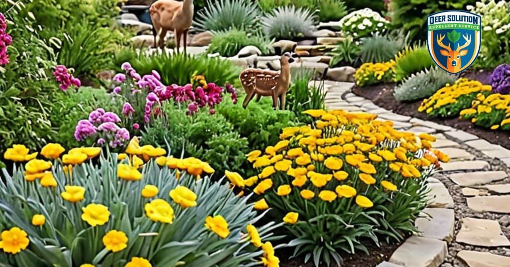 Vibrant deer-resistant garden with marigolds, bird baths, and eco-friendly practices like composting, exemplifying Deer Solution's commitment to sustainable gardening.
