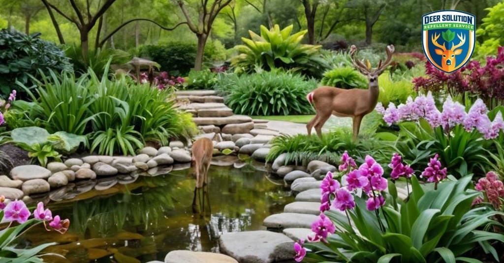 Vibrant garden with orchids and deer coexisting harmoniously, exemplifying Deer Solution's eco-friendly deer-resistant landscaping service.