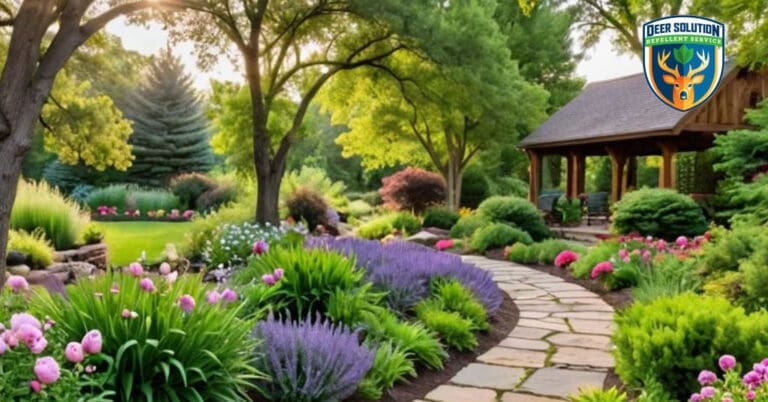 Lush deer-resistant garden with vibrant peonies, eco-friendly plantings, and natural deterrents, embodying Deer Solution's commitment to sustainable practices.