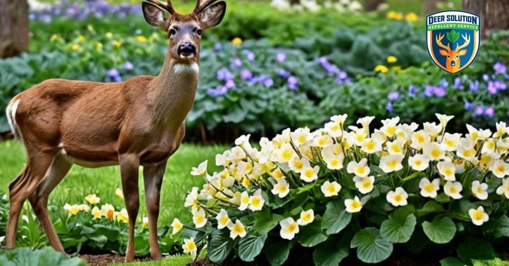 Primroses bloom amidst lush foliage as deer graze nearby in this eco-friendly garden, exemplifying Deer Solution's harmonious deer management.