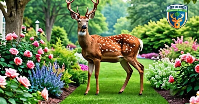 Deer grazing peacefully in vibrant garden with deer-resistant plants and blooms, highlighting Deer Solution's eco-friendly deer management.