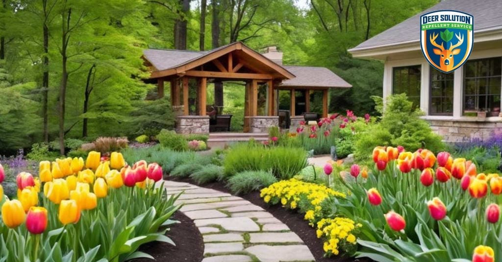 Eco-garden with tulips, daffodils, marigolds, shielded by Deer Solution’s repellent. Do deer eat tulips?