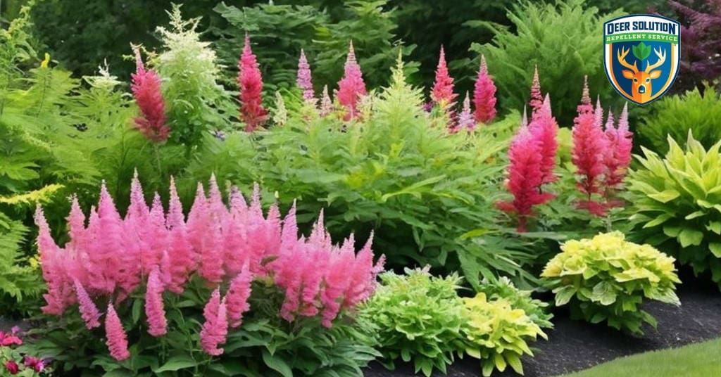 Vibrant astilbes in an eco-garden with rain barrels, composting, and Deer Solution's natural repellent.