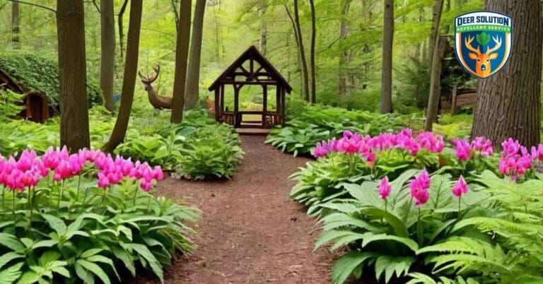 Lush garden with bleeding hearts and ferns, protected by Deer Solution's eco-friendly repellent service