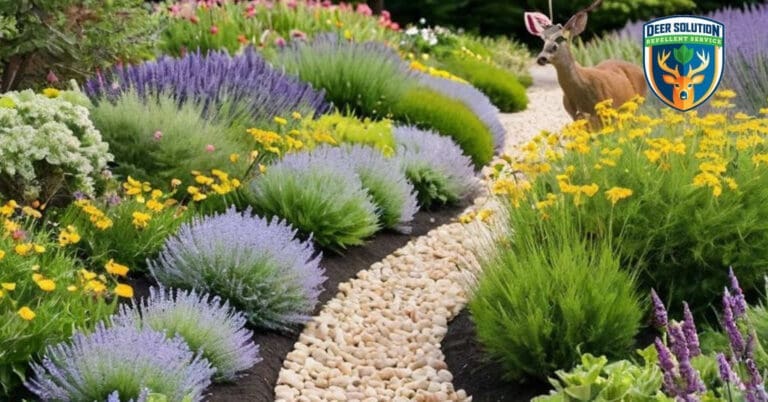 Lush garden with buttonbushes, daisies, and lavender, protected by Deer Solution's all-natural repellent.