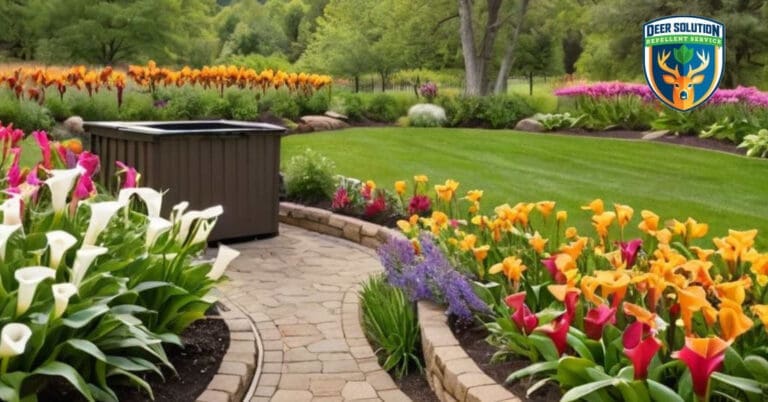 Lush garden calla lilies, safe with Deer Solution's natural repellent, plus butterflies & bees #doesdeereatcallalilies