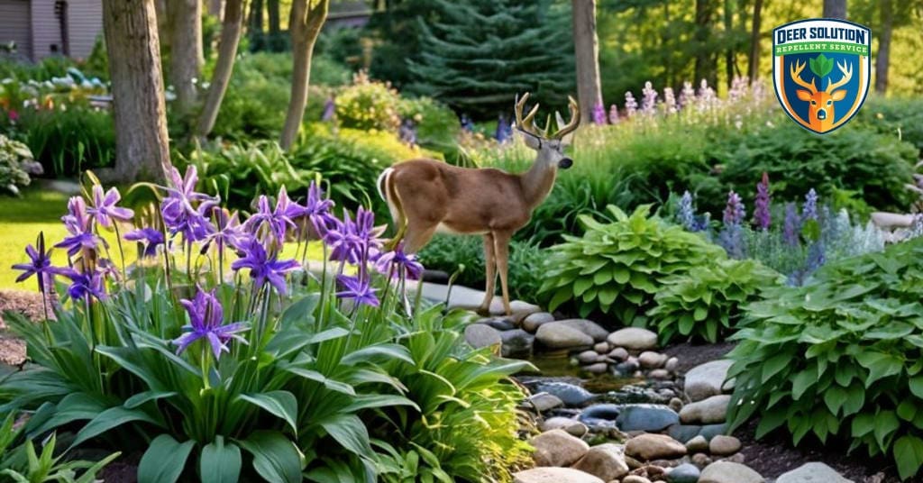 Vibrant garden with deer-resistant columbines and wildlife coexisting harmoniously through eco-friendly Deer Solution practices.