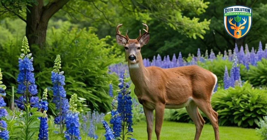 Eco-friendly garden with deer grazing near vibrant delphiniums protected by Deer Solution's all-natural repellent service. Do deer eat delphiniums?