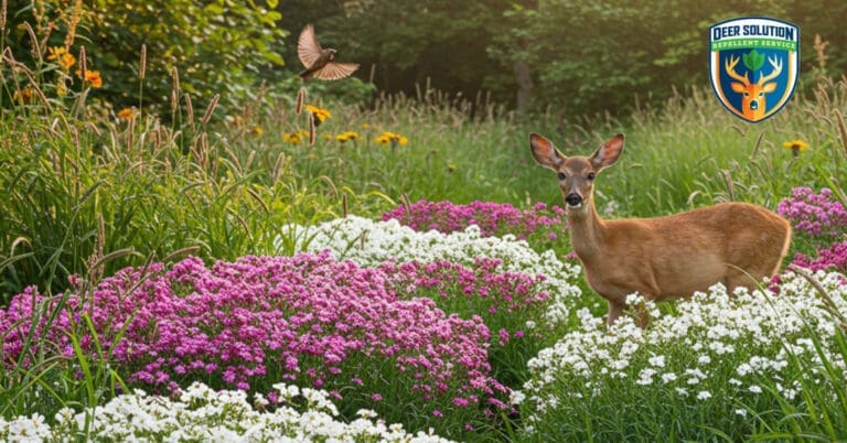 Lush garden with vibrant dianthuses and eco-friendly flora, protected by Deer Solution's natural repellent