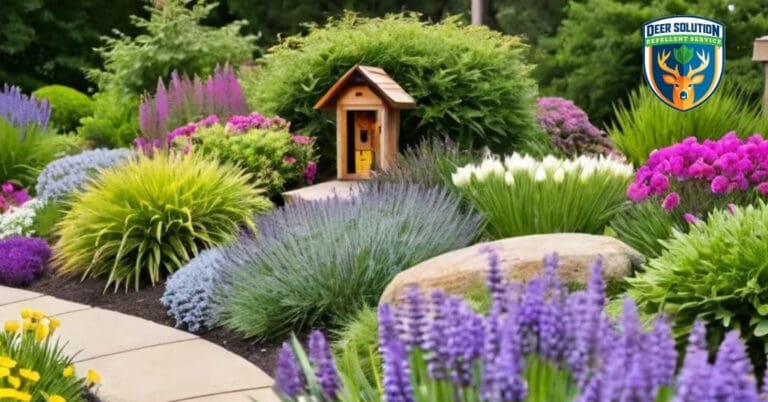 Lush garden, dwarf mondo, bright perennials, wildlife - safe with Deer Solution's eco repellent