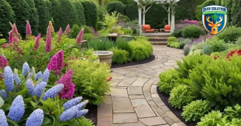 Lush eco-garden with English hollies, blooms, and wildlife thriving under Deer Solution's repellent