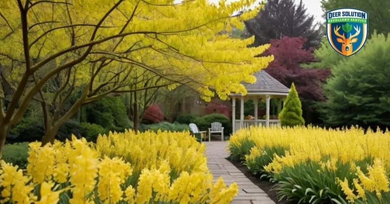 Vibrant forsythias flourish, guarded by Deer Solution's eco-friendly plant repellent.