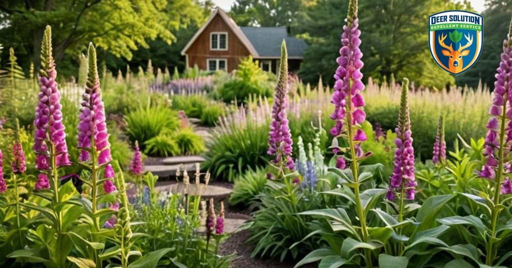 Lush garden with towering foxglove blooms, deer-resistant plants, and eco-friendly deer repellents creating a sustainable sanctuary; do deer eat foxgloves?