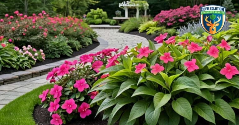 Vibrant impatiens bloom in a deer-resistant garden with aromatic herbs and water feature, reflecting Deer Solution's eco-friendly deer management.