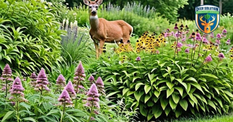 Vibrant deer-resistant garden with Joe Pye weed, coneflowers and native plantings thriving without deer damage through Deer Solution's eco-friendly repellent.