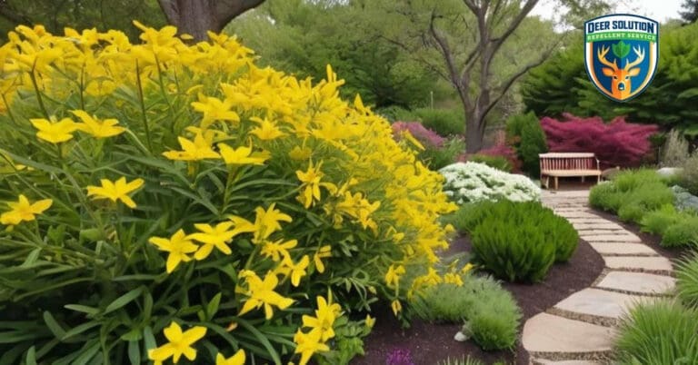 Garden with yellow coreopsis flourishes, using Deer Solution's repellents, drawing butterflies, birds.