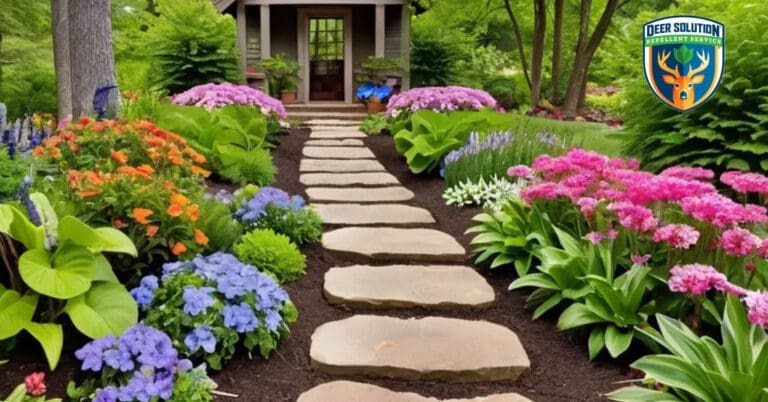 Lush garden with thriving lungworts, butterflies, and eco-friendly features, protected by Deer Solution's repellent.