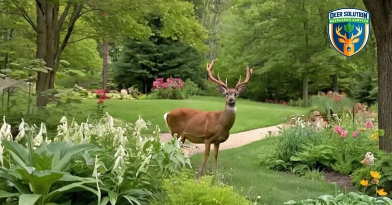 Lush garden with vibrant mayapples, wildflowers, and peaceful deer - Deer Solution's eco-friendly service