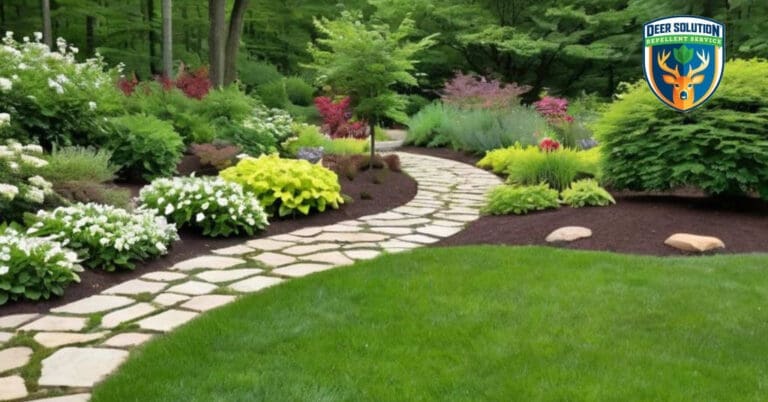 Sustainable garden with mock oranges, perennials, thriving with Deer Solution® repellent.