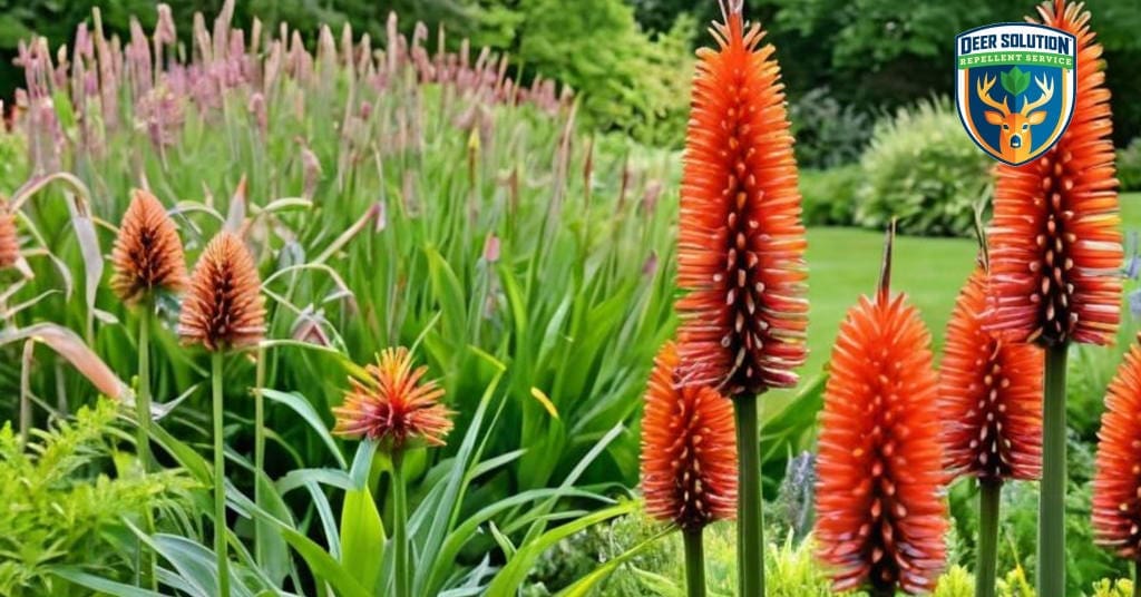 Vibrant red hot pokers thrive in eco-friendly garden, attracting pollinators while deterring deer naturally.