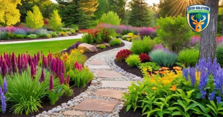 Lush, eco-friendly garden with sorrels and native plants, deer roam safely thanks to Deer Solution's natural repellent.