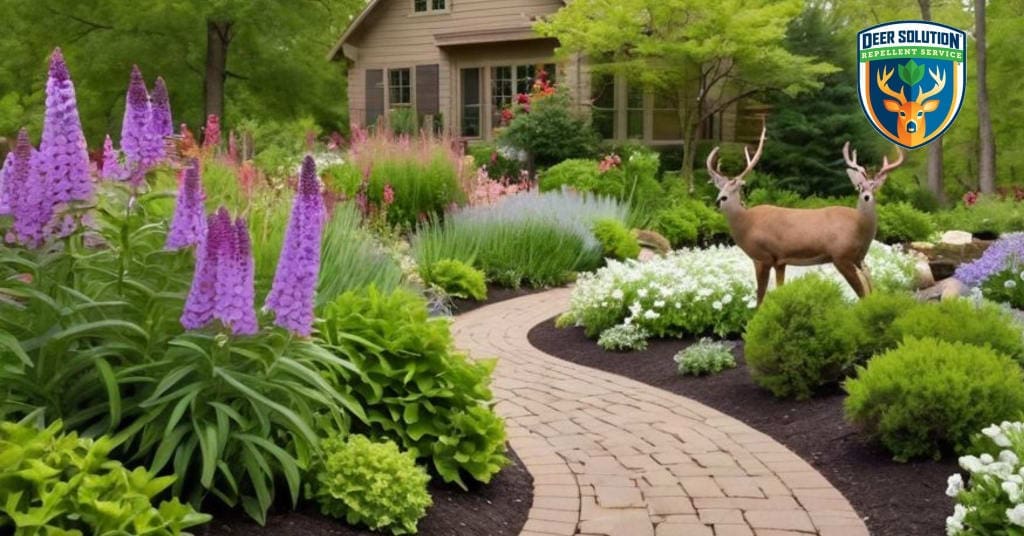 Garden with sweet alyssums, deer-resistant flora, eco-friendly methods, and Deer Solution® repellent.