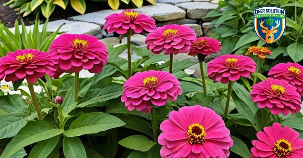 Vibrant zinnias and native flora thrive, bees buzz, all safe from deer with Deer Solution® repellent. Do deer eat zinnias?