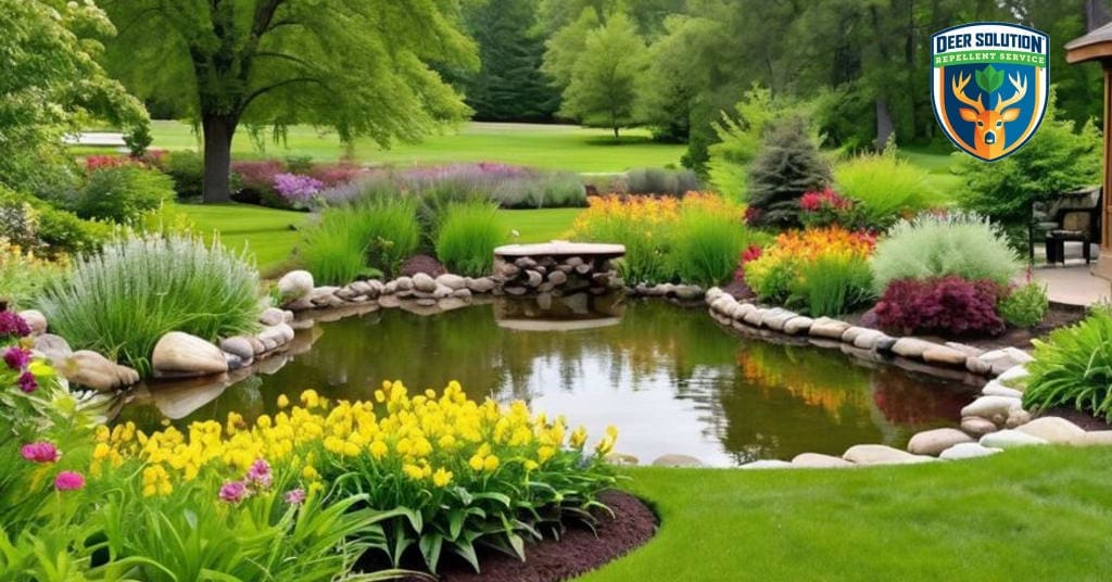 Lush garden with American water willows, birds, and butterflies thriving under Deer Solution's eco-friendly care.