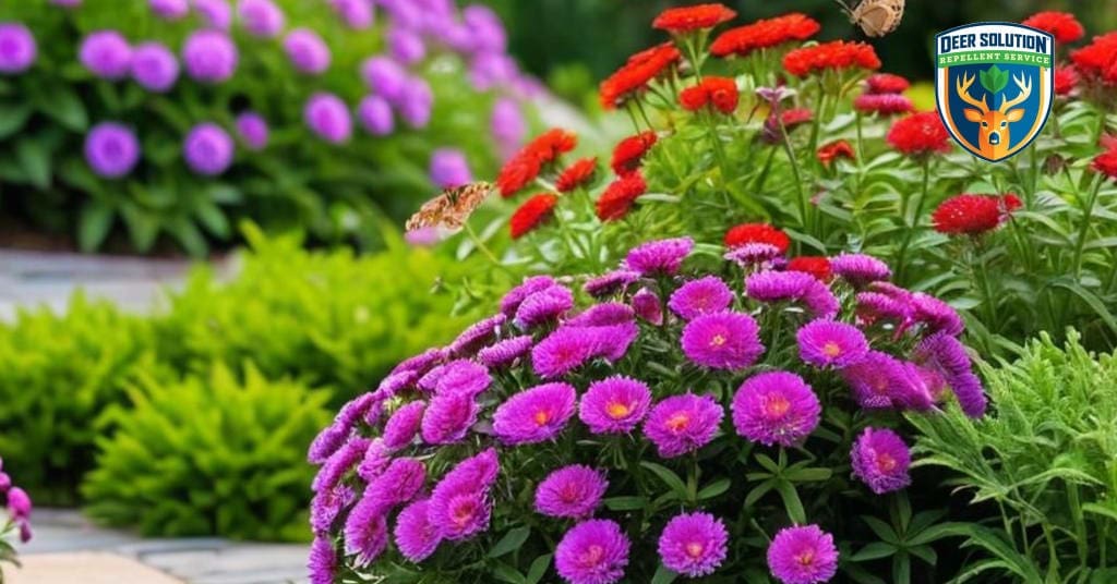 Vibrant asters bloom in lush, eco-friendly garden protected by Deer Solution's all-natural repellent service