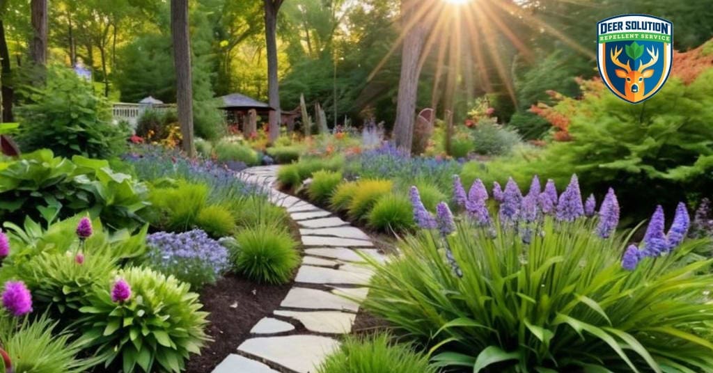 Vibrant garden with colorful Bachelor's Buttons, protected by Deer Solution's eco-friendly repellent service.
