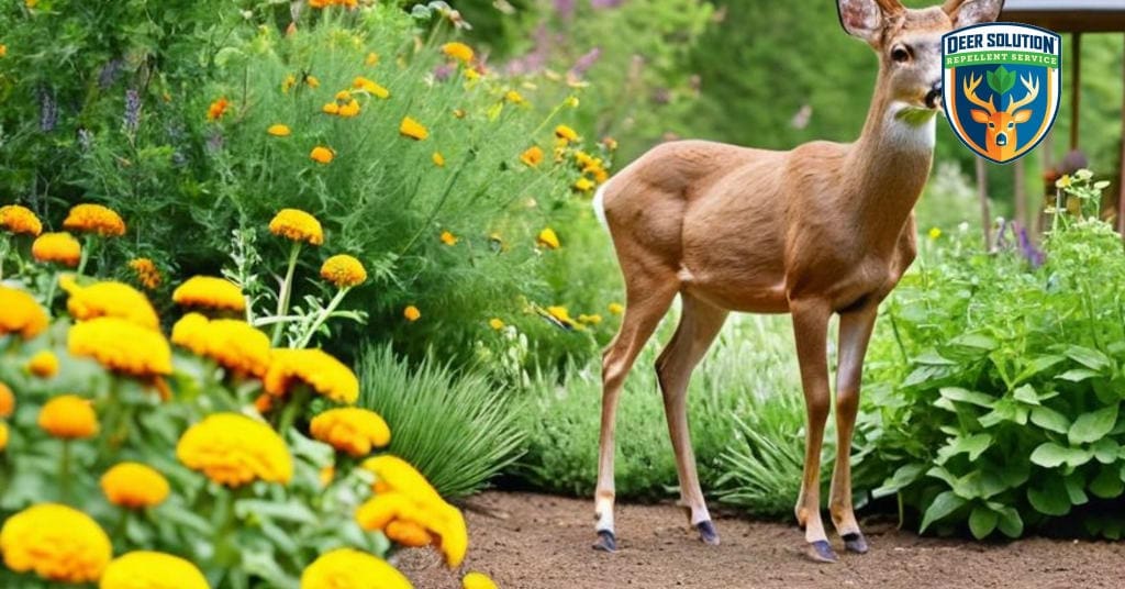 Lush garden with thriving basil, marigolds, and lavender - Deer Solution's eco-friendly repellent protects plants from deer.
