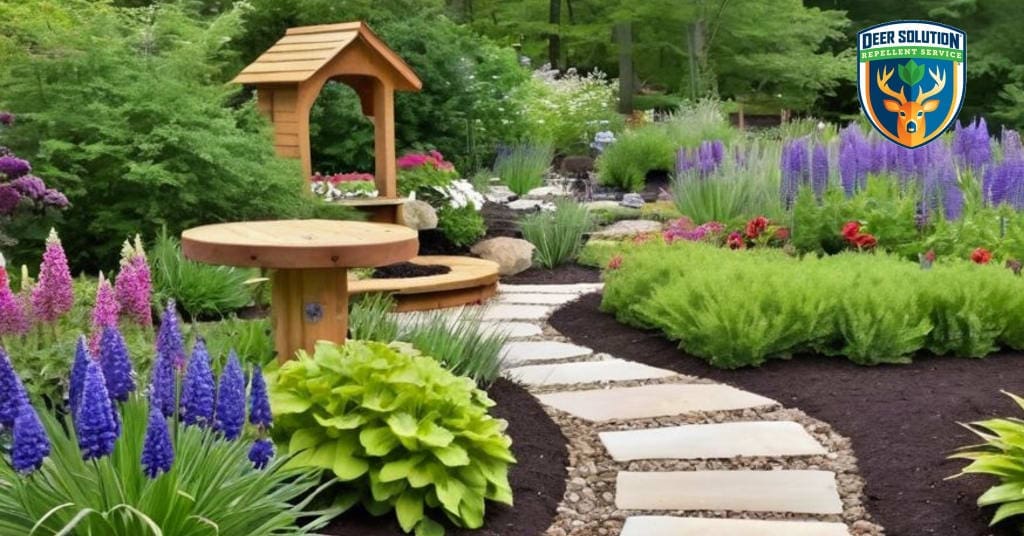 Lush garden with flourishing Bishop's Caps, native plants, and tranquil pond - Deer Solution's eco-friendly solution