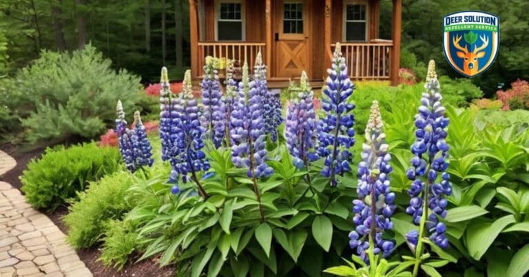 Lush garden with vibrant Carolina Lupines, protected by Deer Solution's eco-friendly repellent service