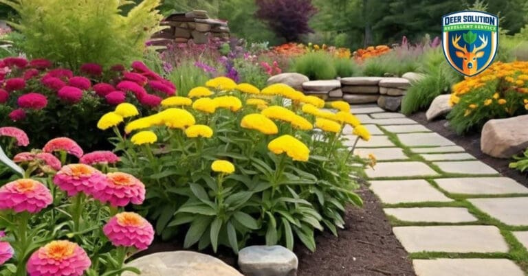Garden with catchflies, zinnias, marigolds; Deer Solution's repellent safeguards it.