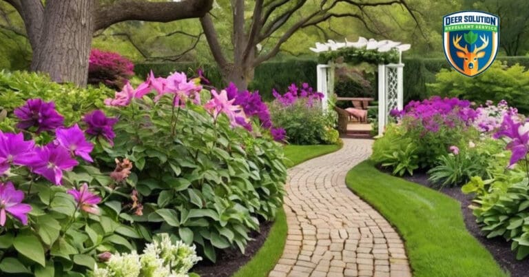 Lush garden with thriving clematis vines, native plants, and wildlife - Deer Solution's eco-friendly solution