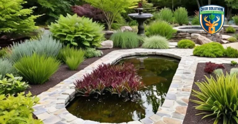 Lush garden with vibrant flowers and silvery Dusty Millers, protected by Deer Solution's eco-friendly repellent service.