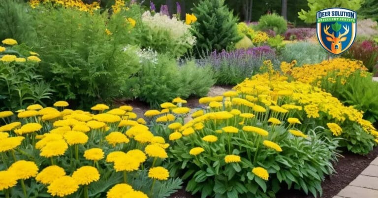 Vibrant garden with golden Alexanders, butterflies, and eco-friendly deer management by Deer Solution®.