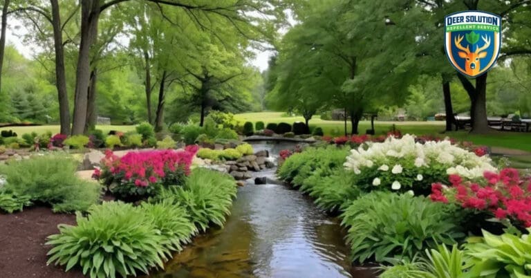 Lush garden with Kentucky Coffeetrees, native plants, and Deer Solution's eco-friendly repellent service.