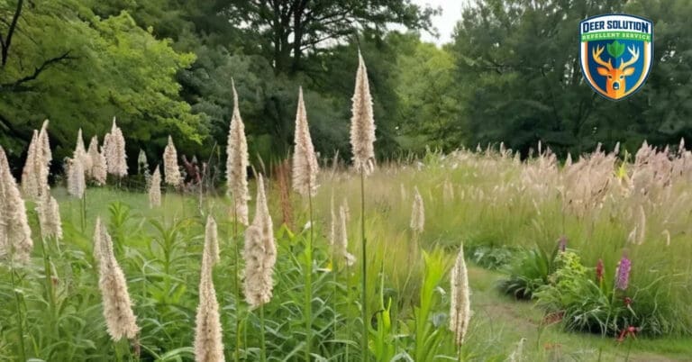 Lush garden with Northern Sea Oats, native plants, and deer-resistant landscape using Deer Solution's eco repellent.