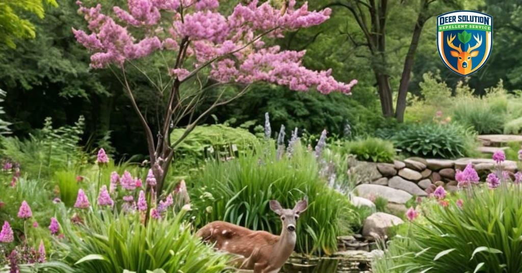 Deer-resistant garden with Queens of the Prairie blooms and wildlife coexisting harmoniously through eco-friendly deer management practices.