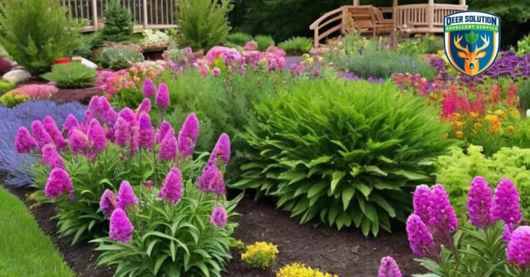 Vibrant eco-friendly garden with Maiden Pinks, butterflies, and Deer Solution's natural repellent