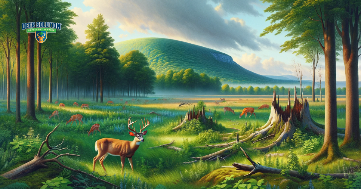 A serene landscape in Allegany County showing lush greenery and subtle deer damage, emphasizing the balance between nature and the challenges faced.