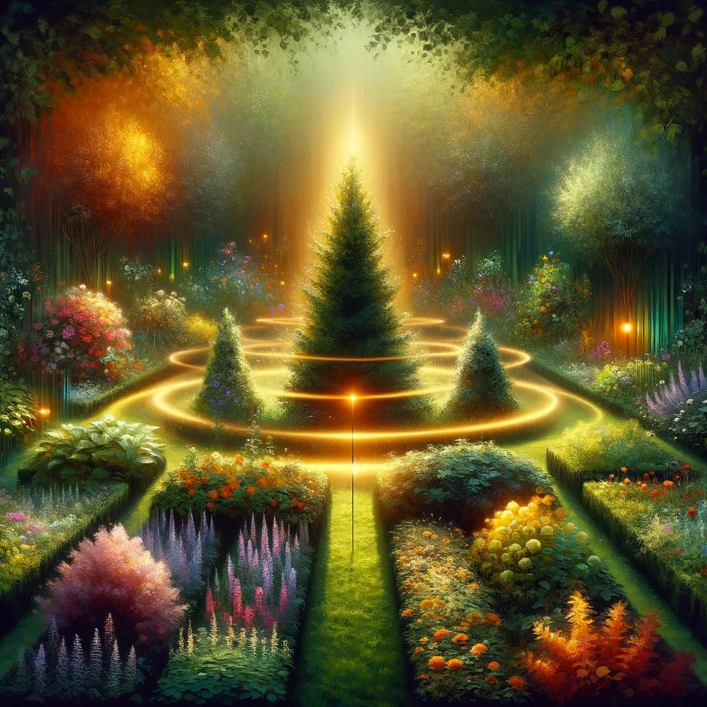 A serene garden encircled by a subtle, glowing aura, representing invisible deer protection.