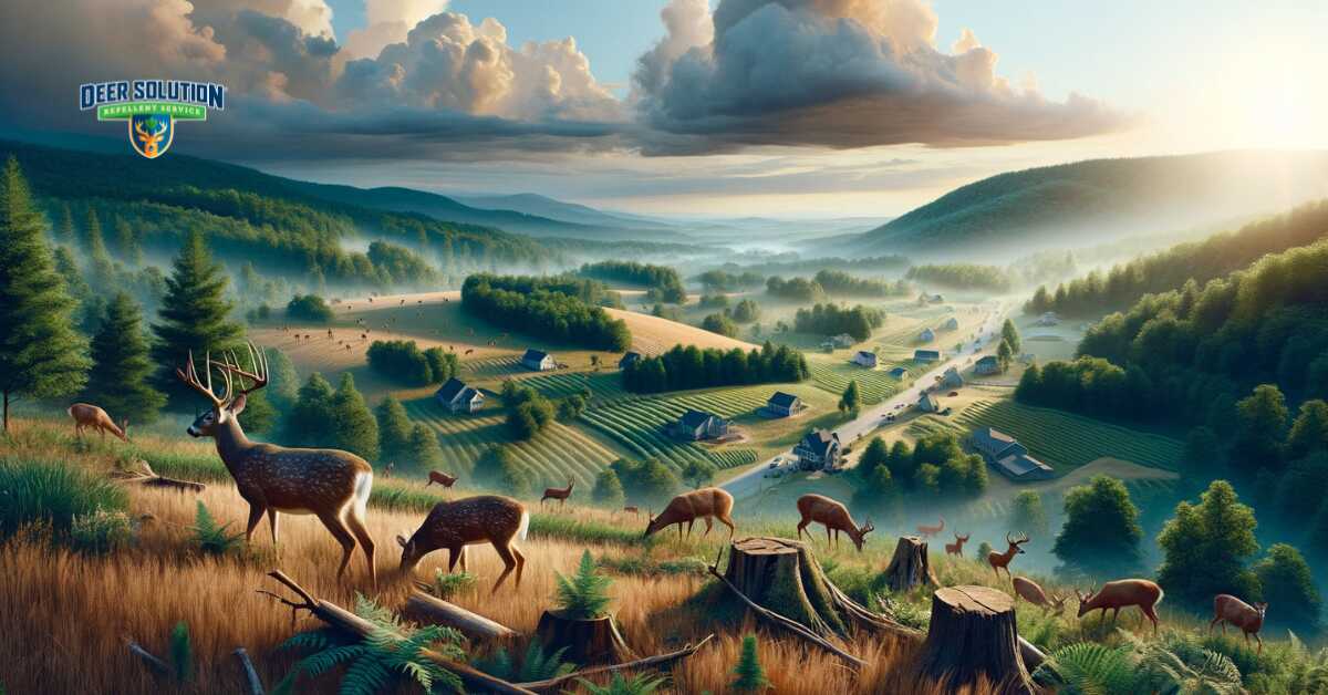 Reimagined view of Cumberland County, portraying the struggle with deer and efforts to balance nature with human needs