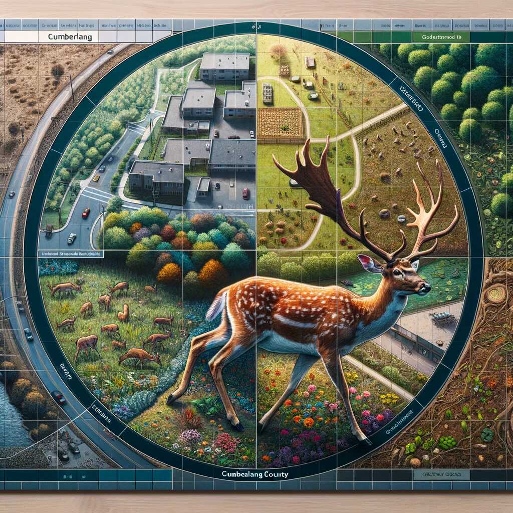 Close-up view of a mixed natural and urban setting in Cumberland County, depicting the interaction of deer with human landscapes