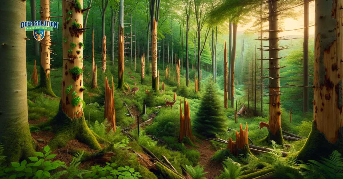 A serene forest scene with a mix of healthy and recovering trees, showing signs of past deer damage and new growth, set during a calm golden hour.