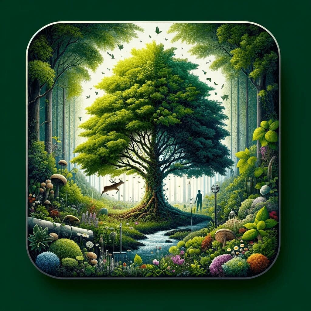 Symbolic representation of a healthy tree in a vibrant garden with subtle deer protection elements, blending natural and brand colors.